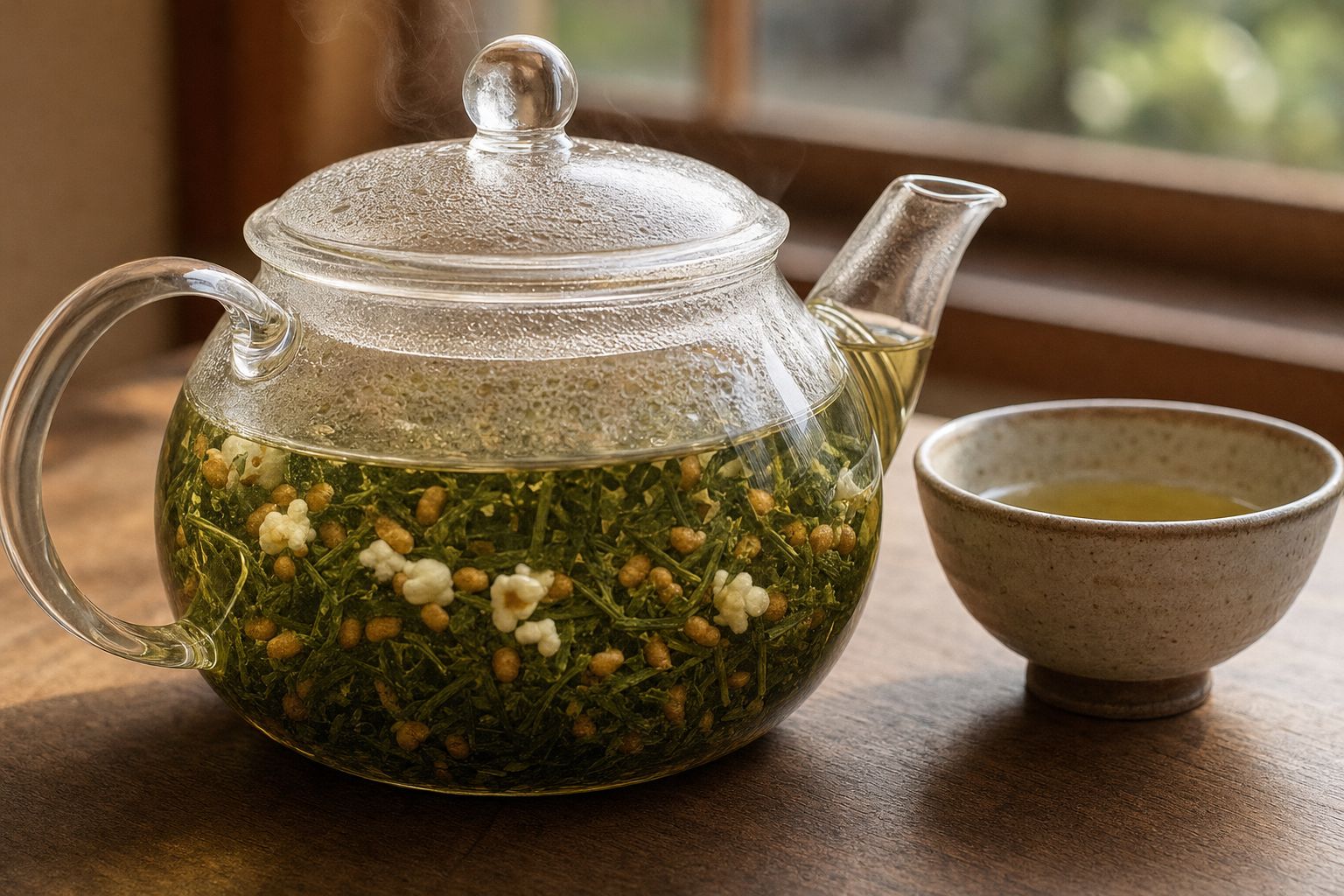 A glass teapot of genmaicha with visible roasted rice kernels floating among the green tea leaves