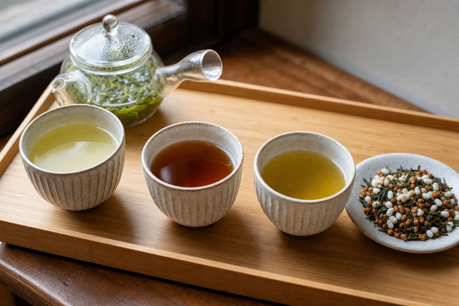 Three cups of Japanese tea side by side — pale green sencha, reddish-brown hojicha, and genmaicha with visible roasted rice kernels