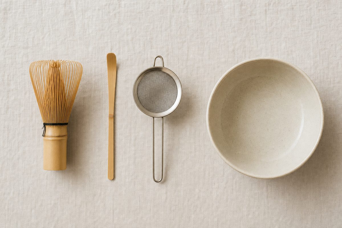 A bamboo whisk, scoop, sifter and ceramic bowl arranged on linen